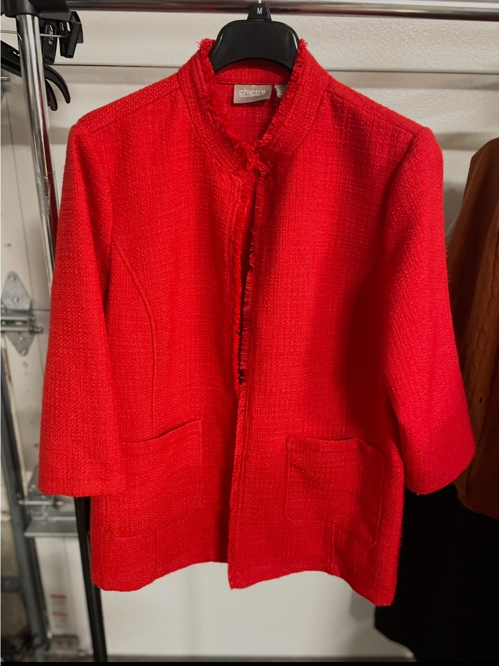 Chico's Bright Red Tweed Open-Front Jacket